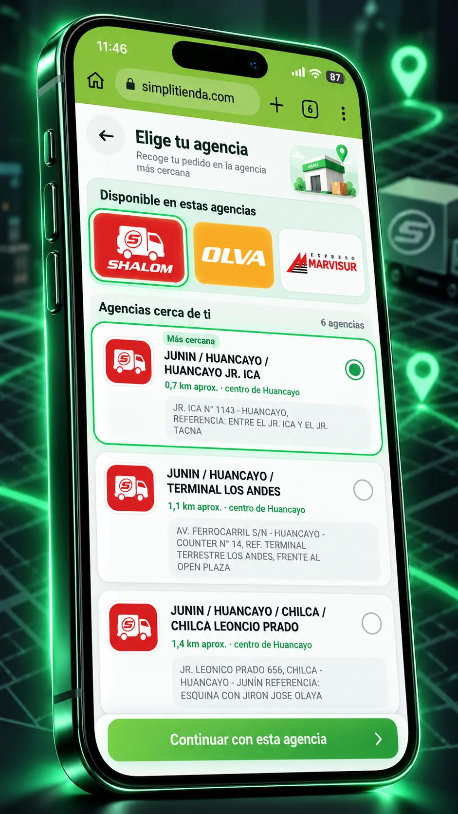 Selector de agencias cercanas en SimpliTienda con Shalom, Olva y Marvisur