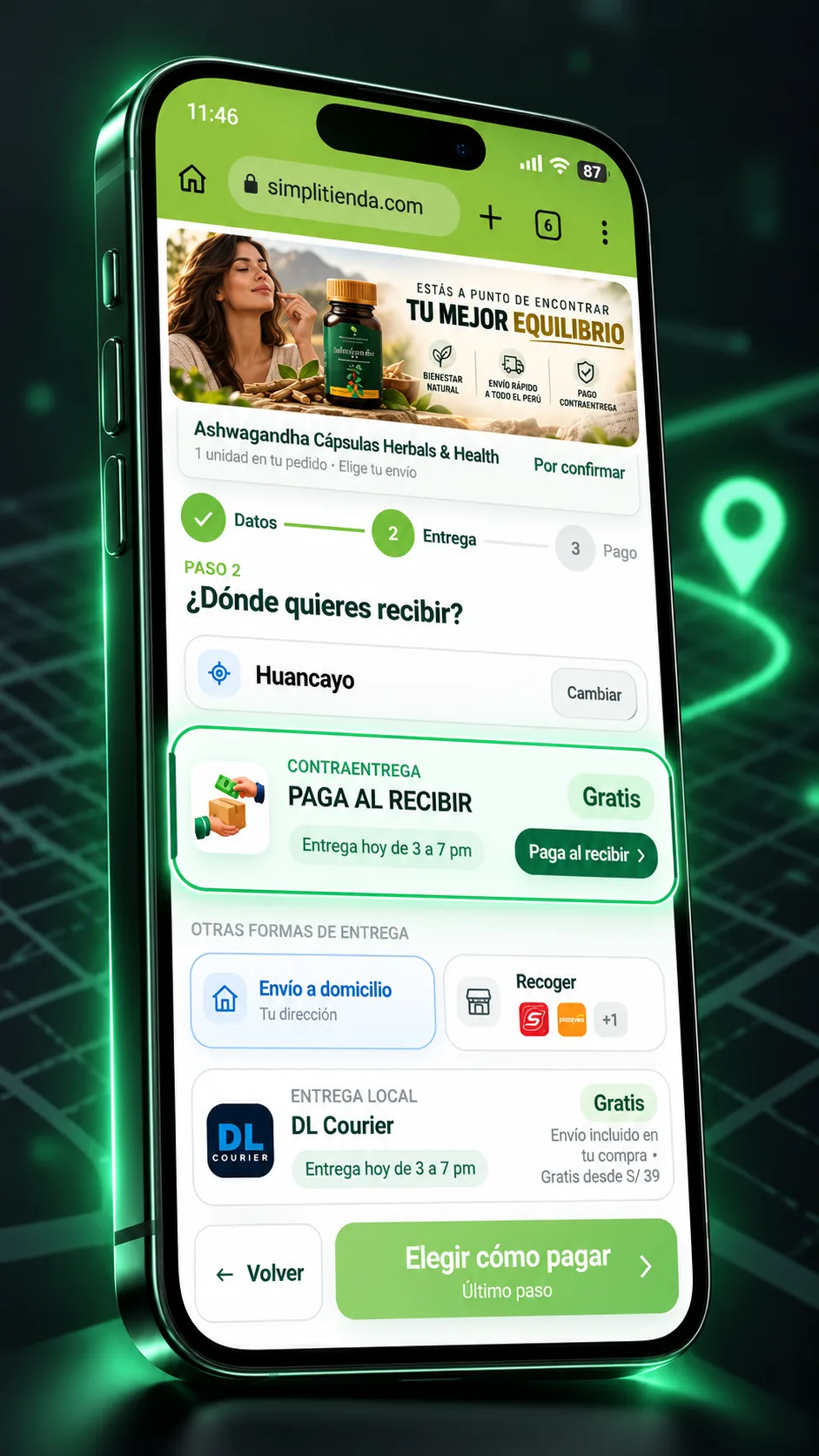 Checkout móvil SimpliTienda destacando el pago contraentrega y el envío gratis