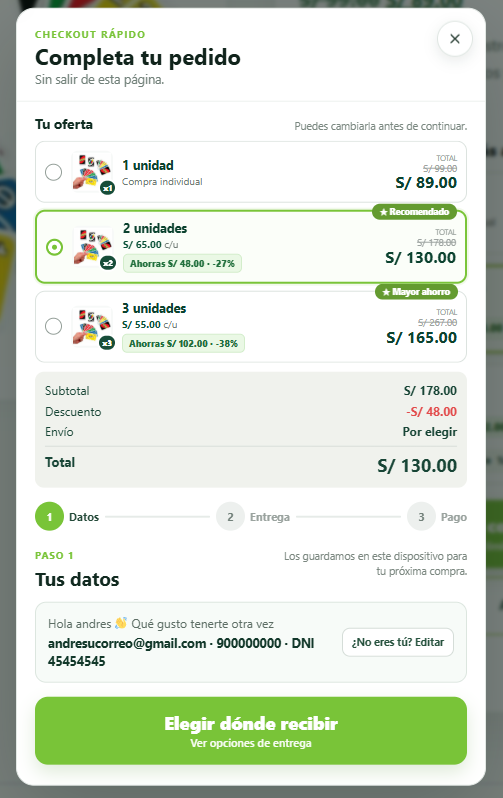 Paso de datos y cantidades de SimpliTienda