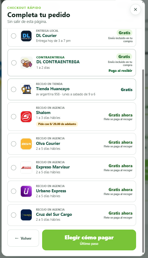 Opciones de entrega