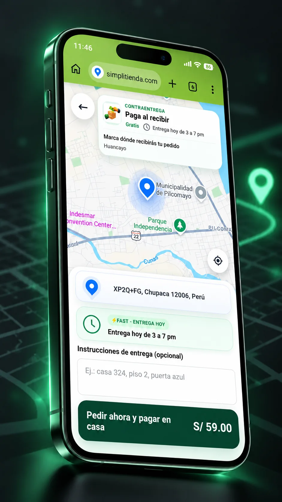 Mapa de entrega dentro del checkout de SimpliTienda con pin de ubicación