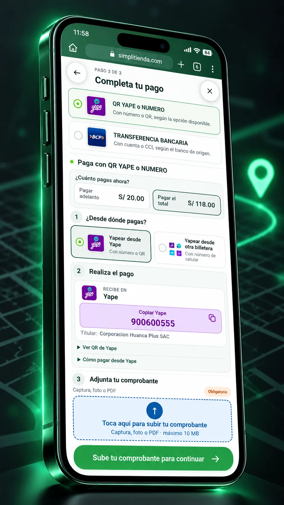 Opciones de pago por Yape, transferencia y carga de comprobante en SimpliTienda